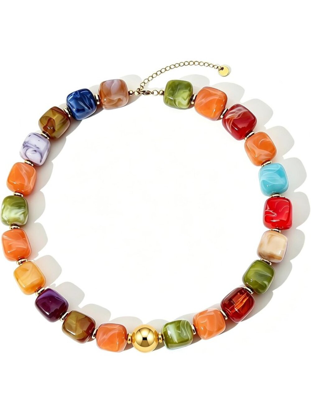Women Colourful Chunky Beaded Necklace Gold Plated Marbled Resin Choker Jewelry